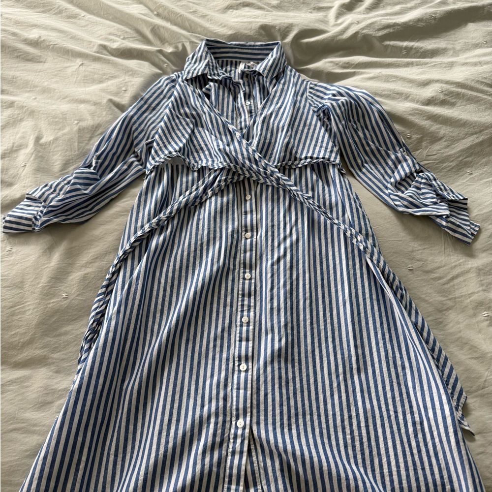 Seraphine Maternity Navy and White Striped Midi Dress